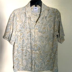 Zara relaxed fit linen flowered multi color shirt sleeve button down side slits